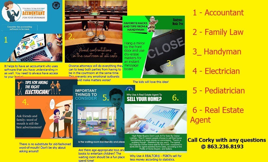 sample social postings for accountant, family law attorney, handyman, real estate agent, pediatrician and electrician